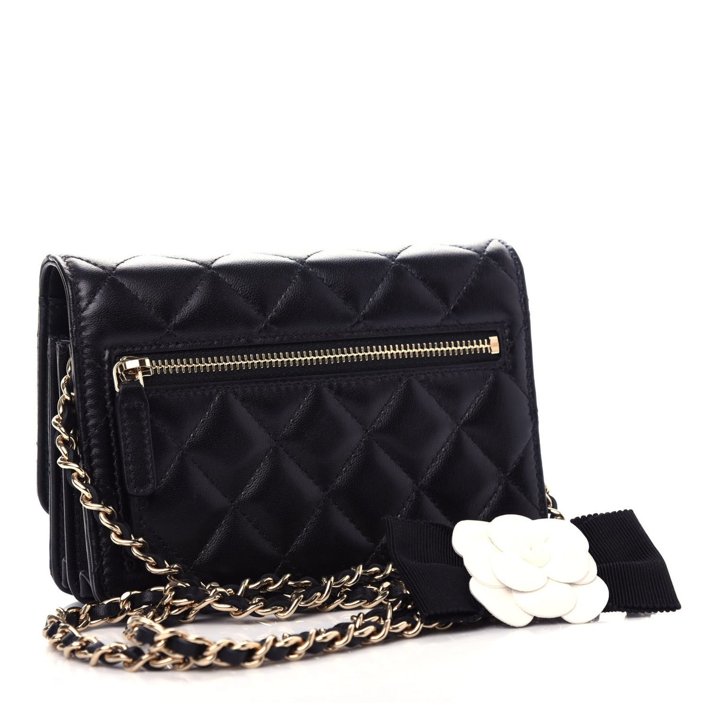 Lambskin Quilted Mini Camellia Bow Wallet On Chain WOC Black