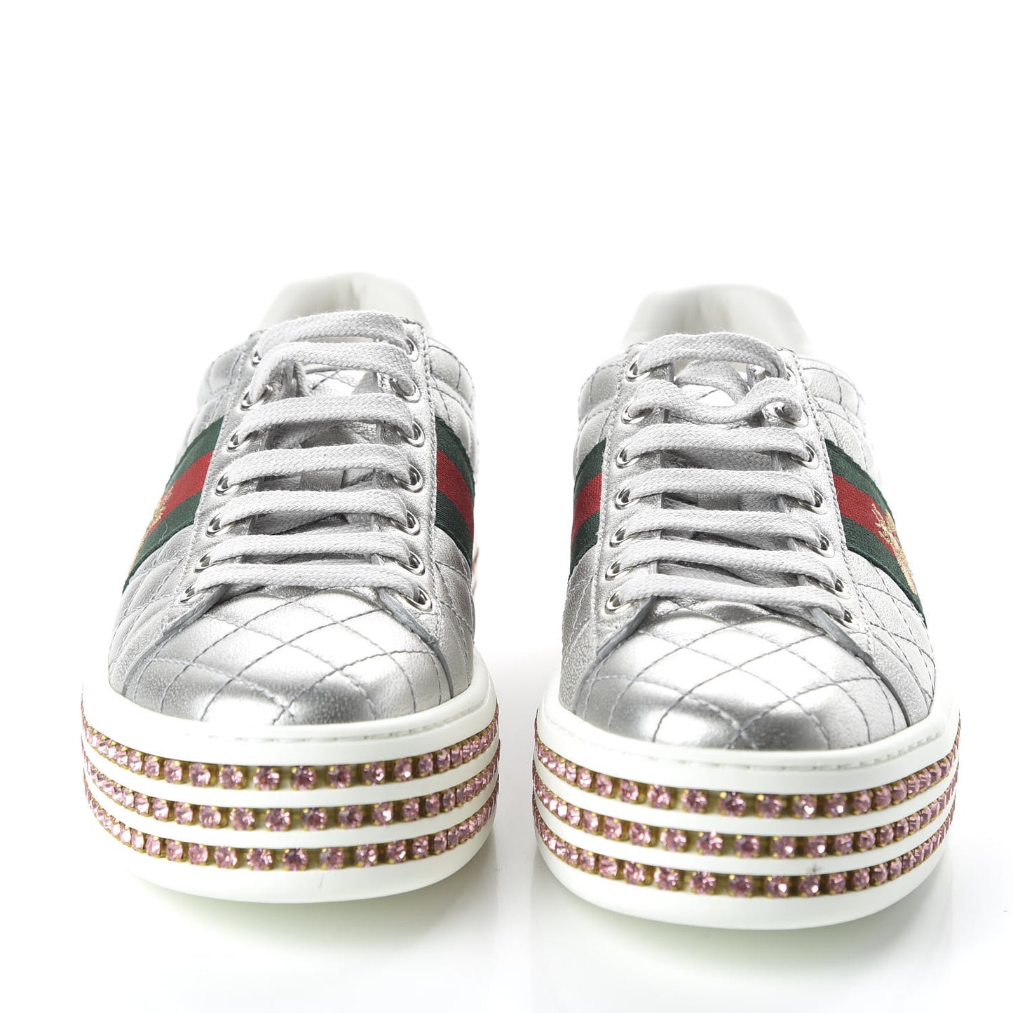 Laminated Nappa Crystal Web Bee Embroidered Trapuntata Womens Ace Platform Sneakers 36 Argento