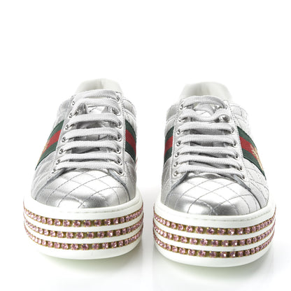 Gucci Laminated Nappa Crystal Web Bee Embroidered Trapuntata Womens Ace Platform Sneakers 36 Argento 2 of 9