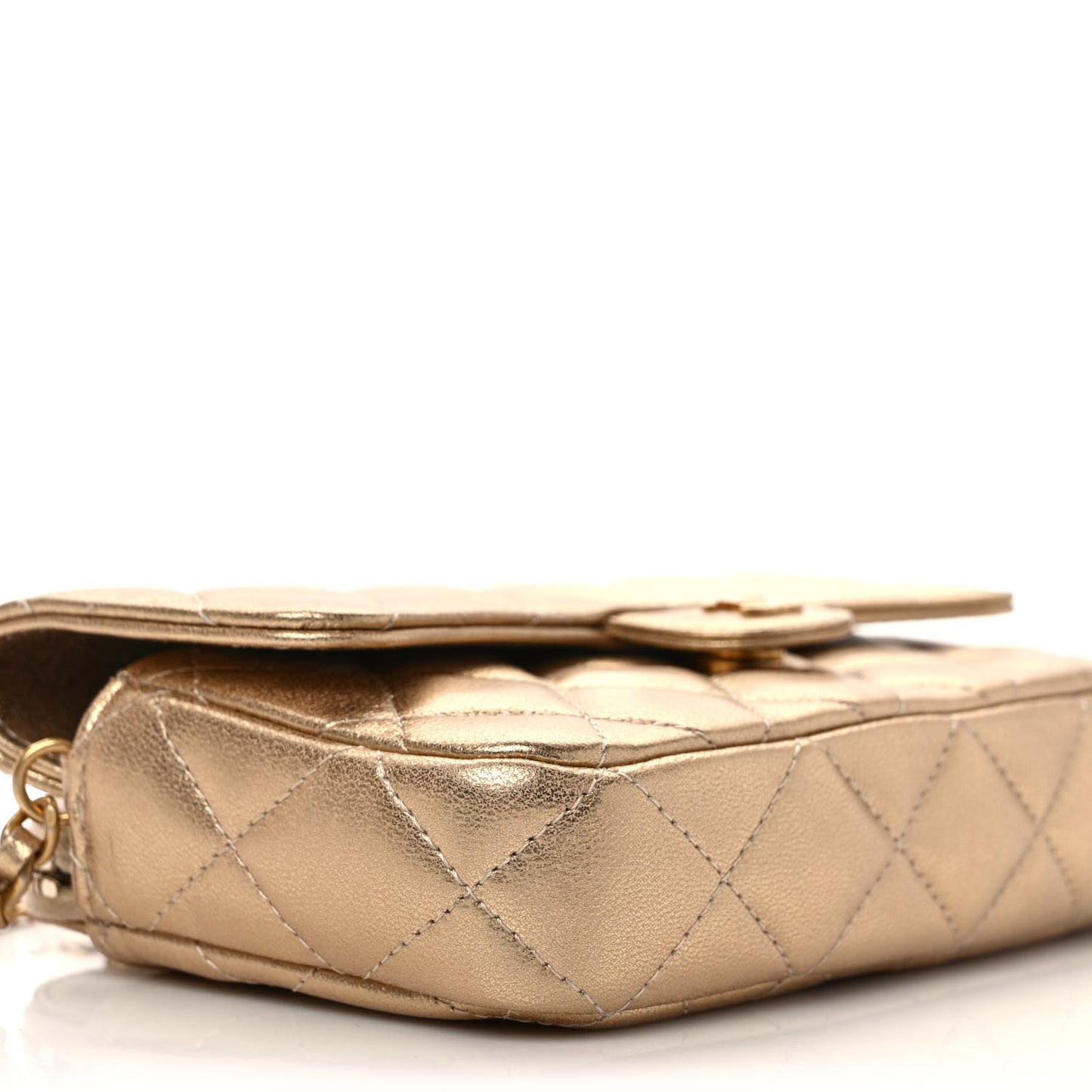 Metallic Lambskin Quilted Flap Phone Holder With Chain Gold