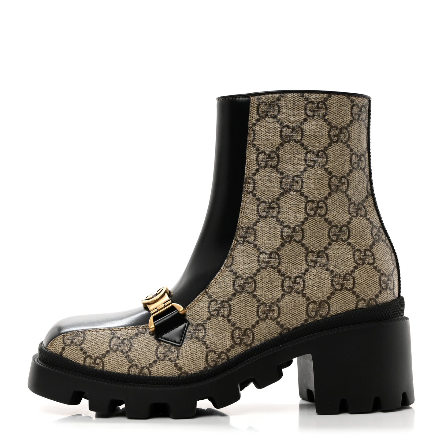 GG Supreme Monogram Magnum Calfskin Interlocking G Womens Lug Sole Ankle Boots 35.5 Beige Ebony Black