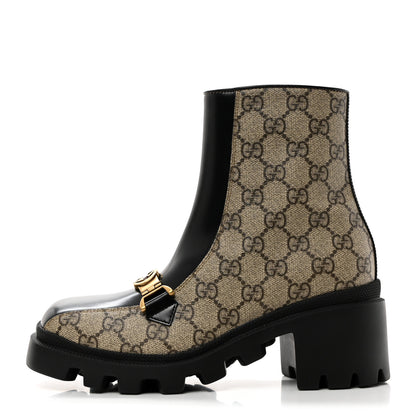 Gucci GG Supreme Monogram Magnum Calfskin Interlocking G Womens Lug Sole Ankle Boots 35.5 Beige Ebony Black 1 of 10
