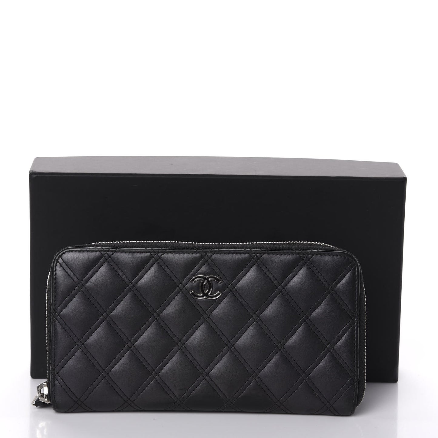 Lambskin Double Stitch Quilted Large Gusset Zip Around Wallet Black