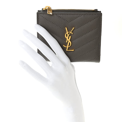 Saint Laurent Grain De Poudre Matelasse Chevron Monogram Zipped Card Case Tech Fog 2 of 7