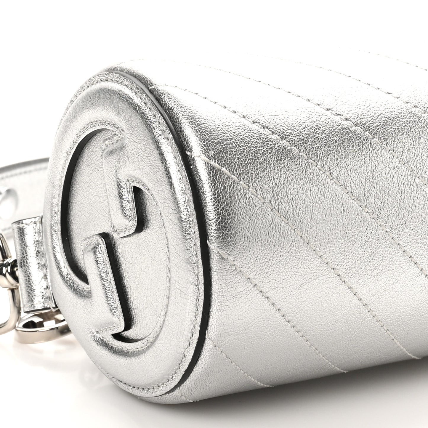 Sakai Be Green Calfskin Diagonal Stitched Mini Blondie Barrel Shoulder Bag Silver