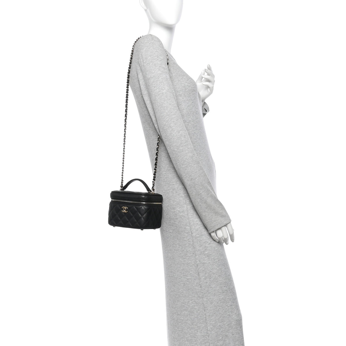 Caviar Quilted Small Top Handle Vanity Case With Chain Black