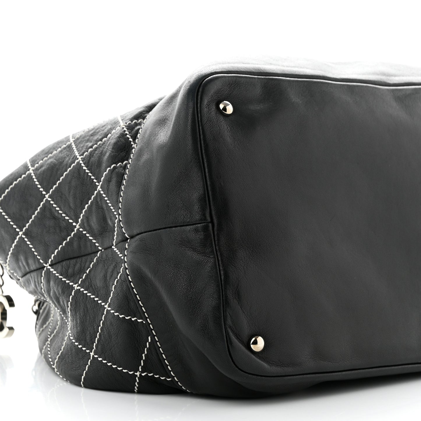 Lambskin Contrast Stitch Large Drawstring Tote Black