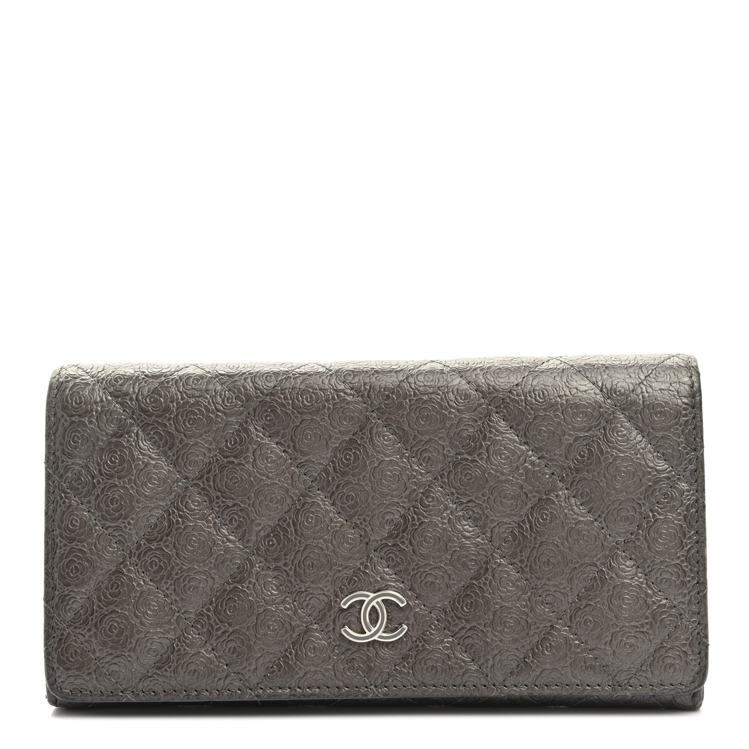 Chanel Metallic Camellia Calfskin Embossed Quilted Yen Wallet Grey 1 of 13