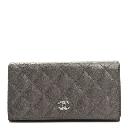 Chanel Metallic Camellia Calfskin Embossed Quilted Yen Wallet Grey 1 of 13