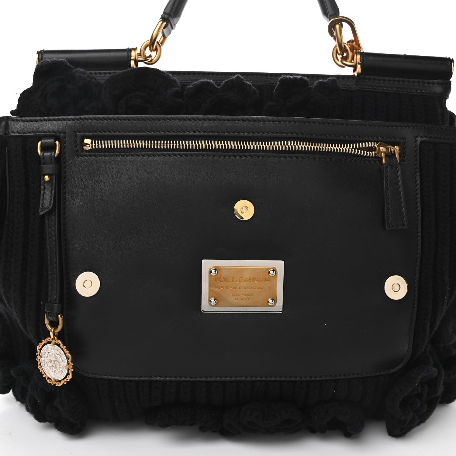 Dolce & Gabbana Calfskin Floral Knit Miss Sicily Satchel Black 11 of 13