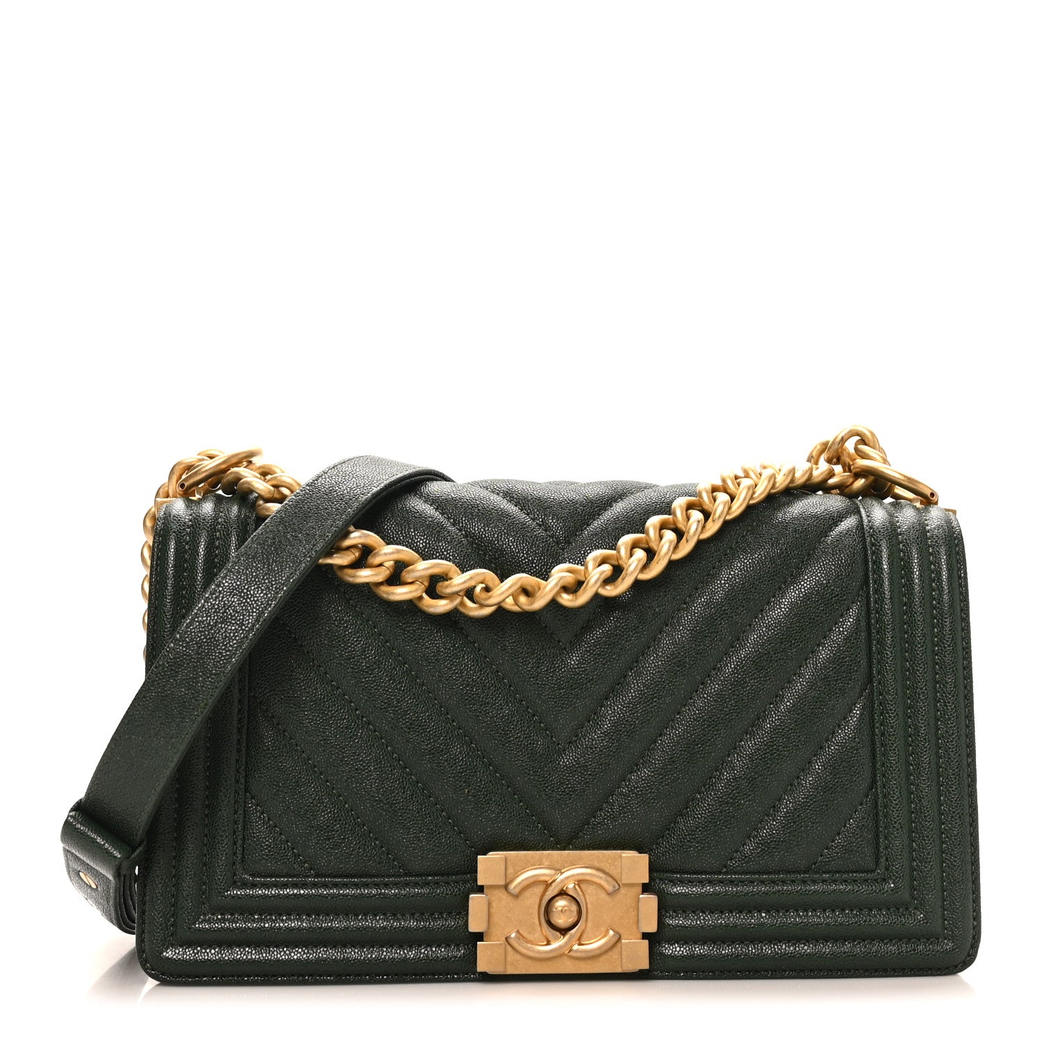 Chanel Caviar Chevron Quilted Medium Boy Flap Dark Green 1 of 11