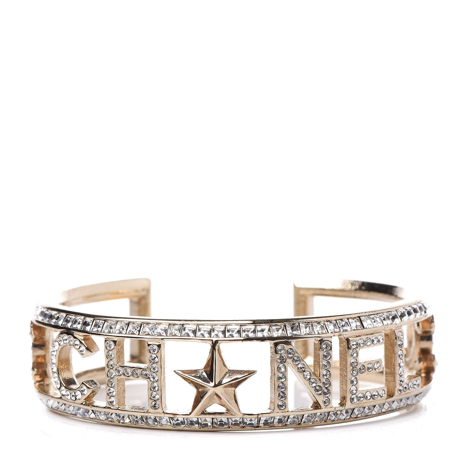Chanel Crystal Baguette Logo Cuff Bracelet Gold 1 of 5