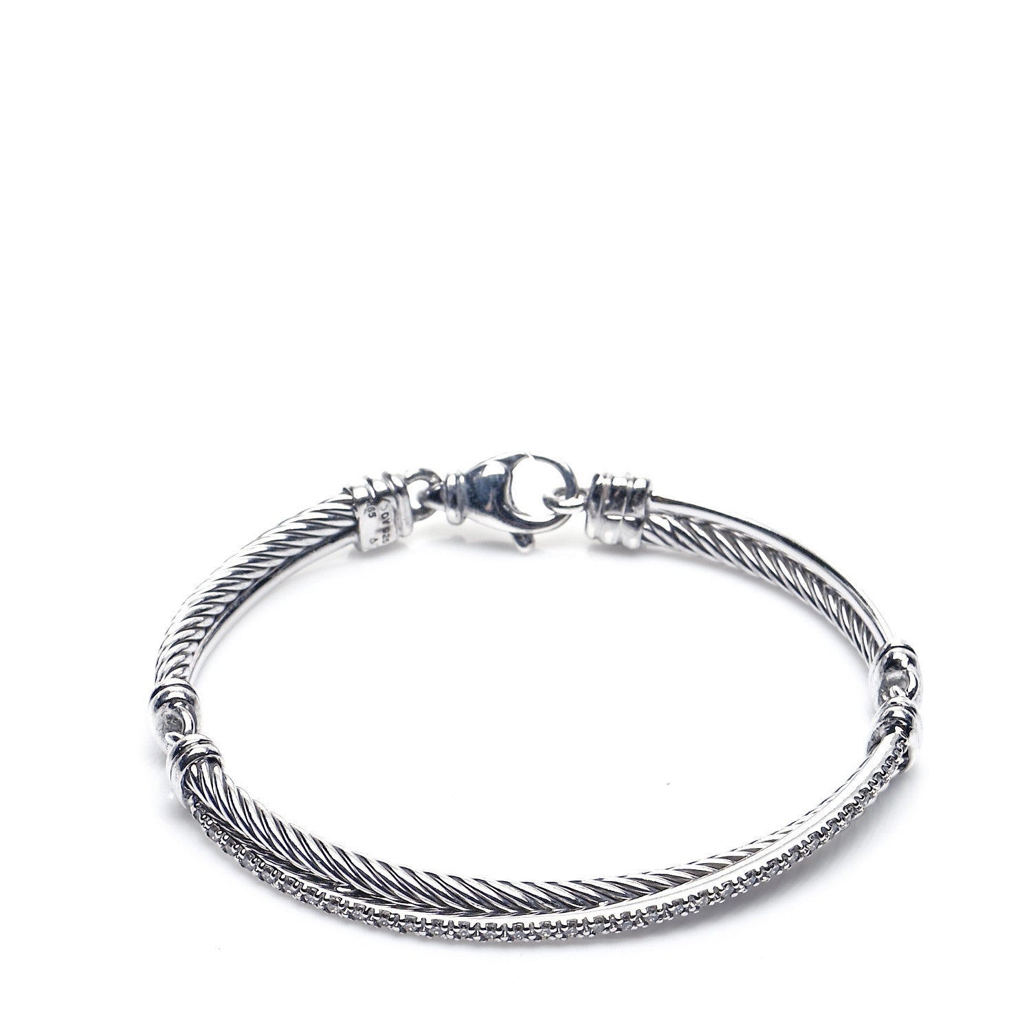 David Yurman Sterling Silver 14K White Gold Diamond 3mm Crossover Bracelet 1 of 6