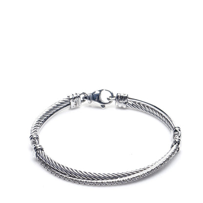 David Yurman Sterling Silver 14K White Gold Diamond 3mm Crossover Bracelet 1 of 6
