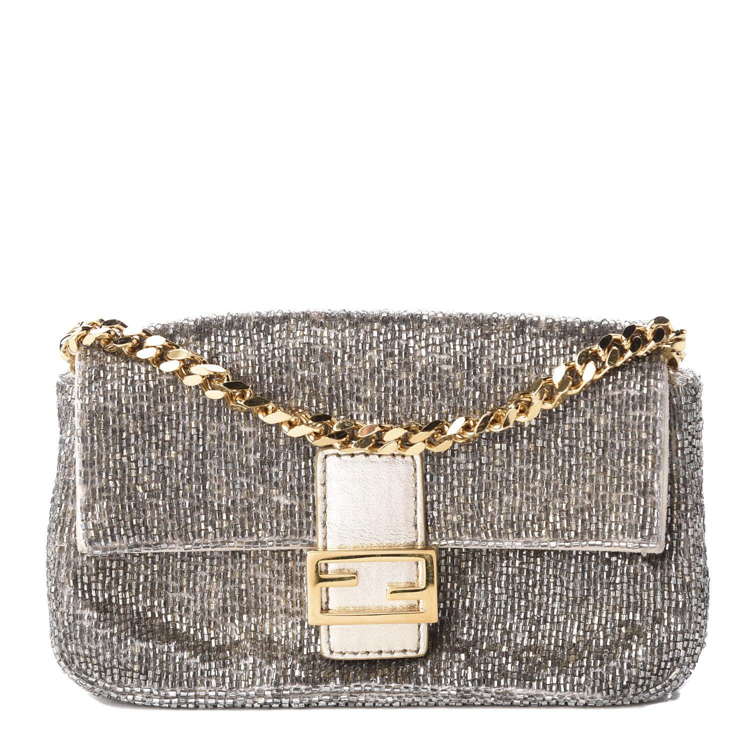 Fendi Laminated Goatskin Beaded Micro Baguette Oro Chiaro Platino 1 of 9