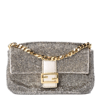 Fendi Laminated Goatskin Beaded Micro Baguette Oro Chiaro Platino 1 of 9