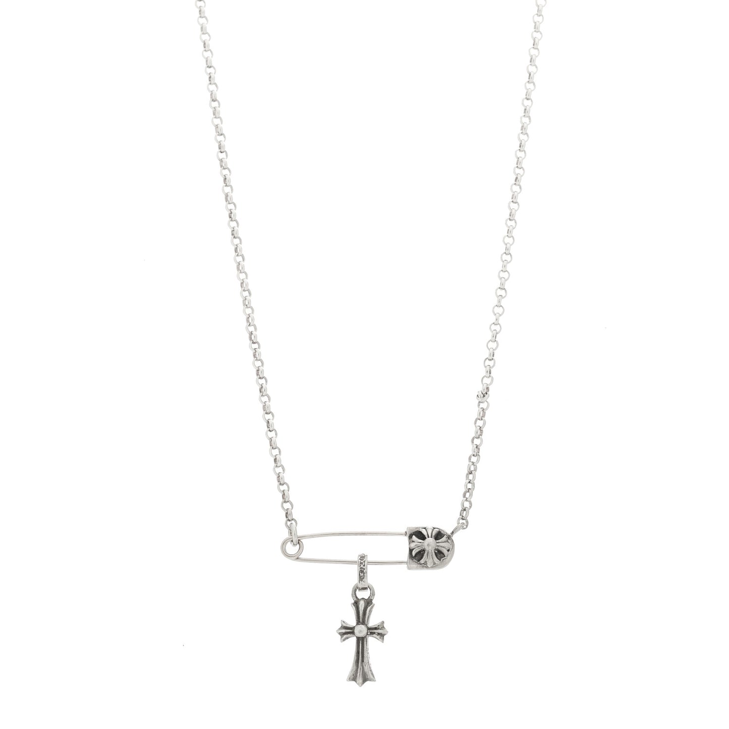 Sterling Silver Safety Pin Baby Fat Cross Pendant Necklace