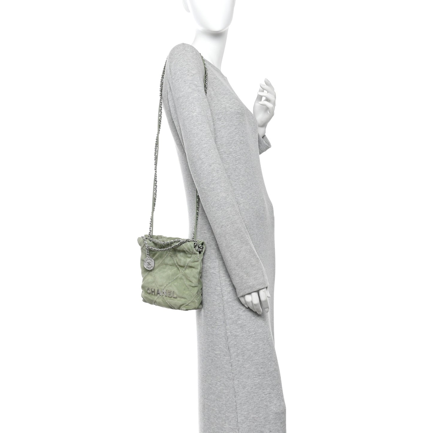 Suede Stitched Quilted Studded Mini Chanel 22 Light Green