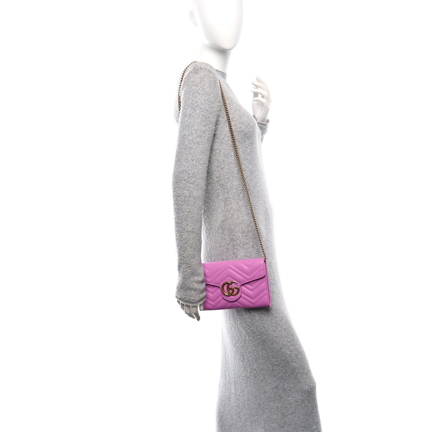 Gucci Calfskin Matelasse Mini GG Marmont Chain Wallet Candy Mousse 2 of 9