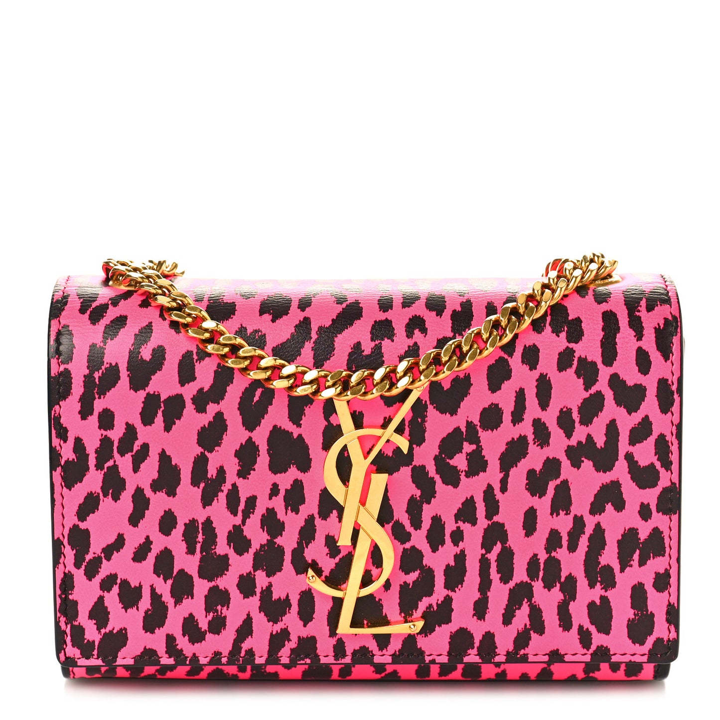 SAINT LAURENT Calfskin Leopard Small Monogram Kate Satchel Pink Black