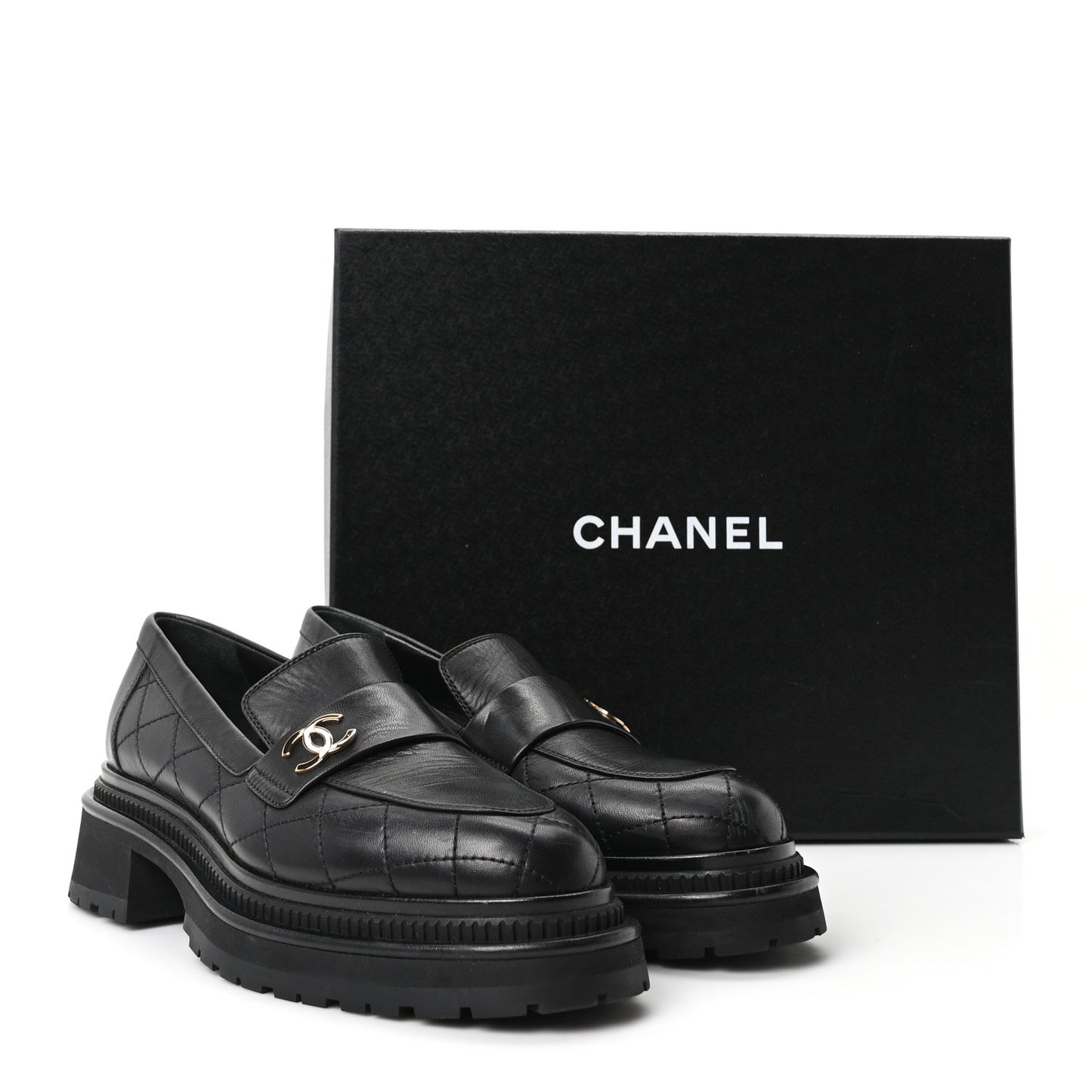 Calfskin Quilted CC Mocassin Loafers 38.5 Black