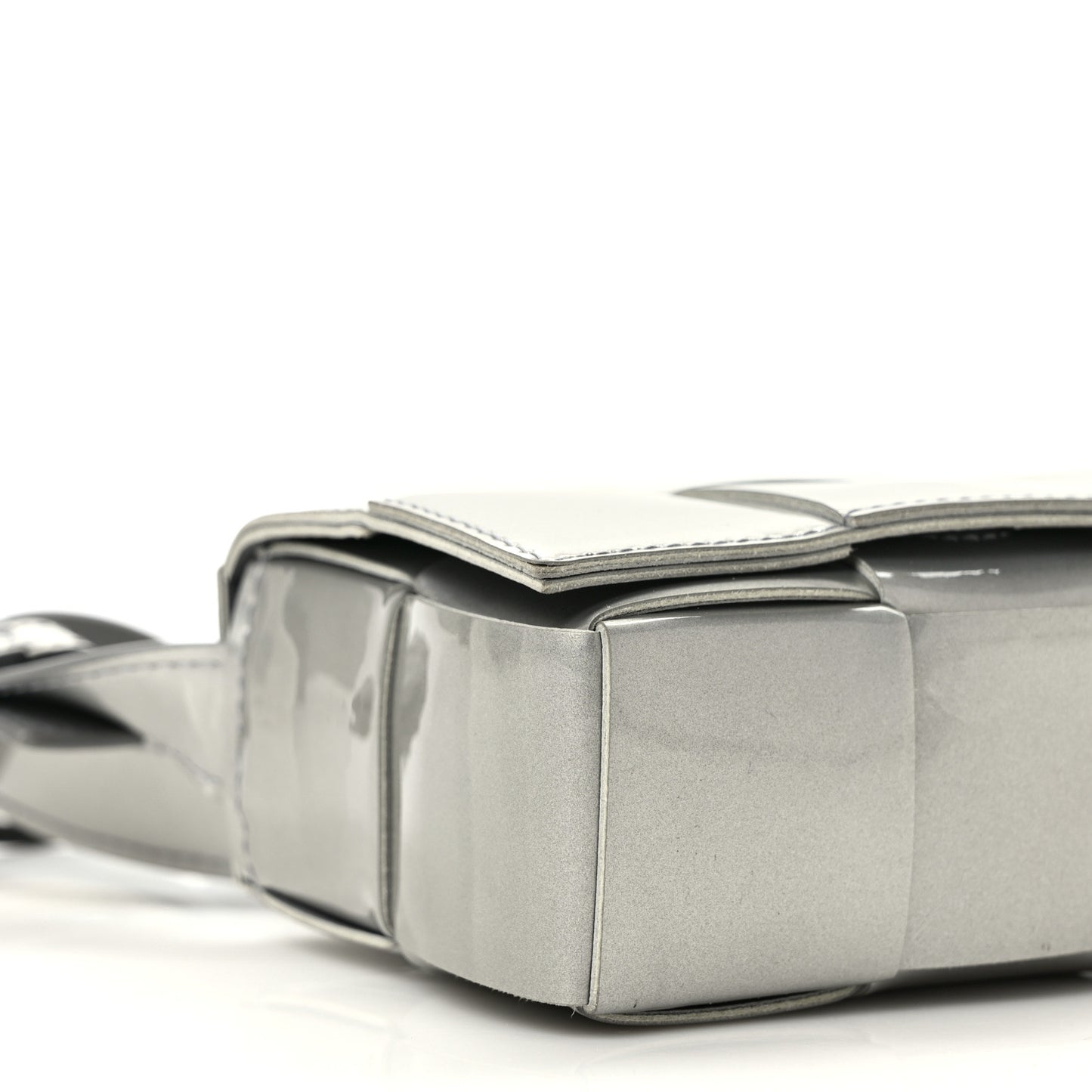 Metallic Patent Calfskin Maxi Intrecciato Extra Mini Cassette Crossbody Bag Silver