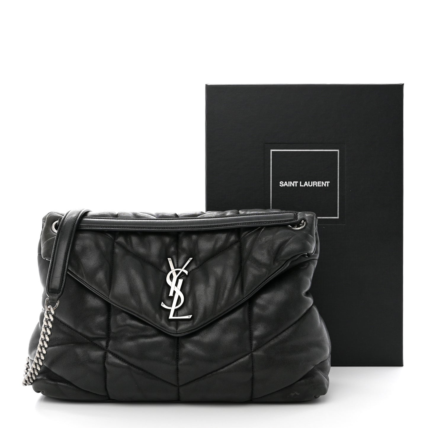SAINT LAURENT Lambskin Quilted Medium Loulou Puffer Monogram Chain Satchel Black