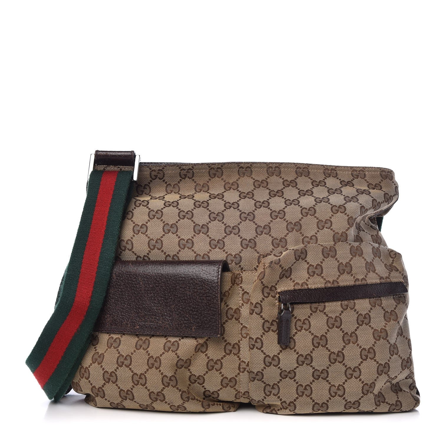 Gucci Monogram Web Medium Double Pocket Messenger Bag Dark Brown 1 of 15