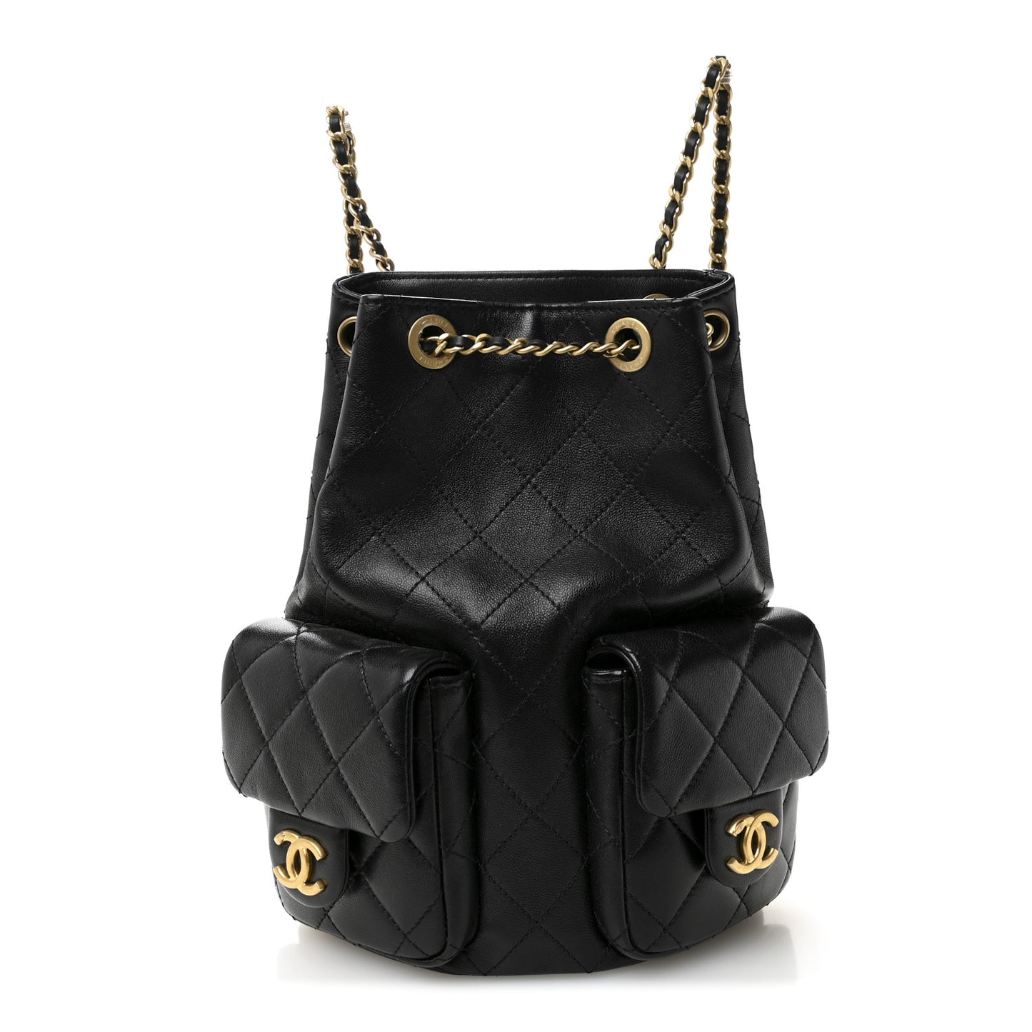 Shiny Lambskin Quilted Double Pocket Backpack Black