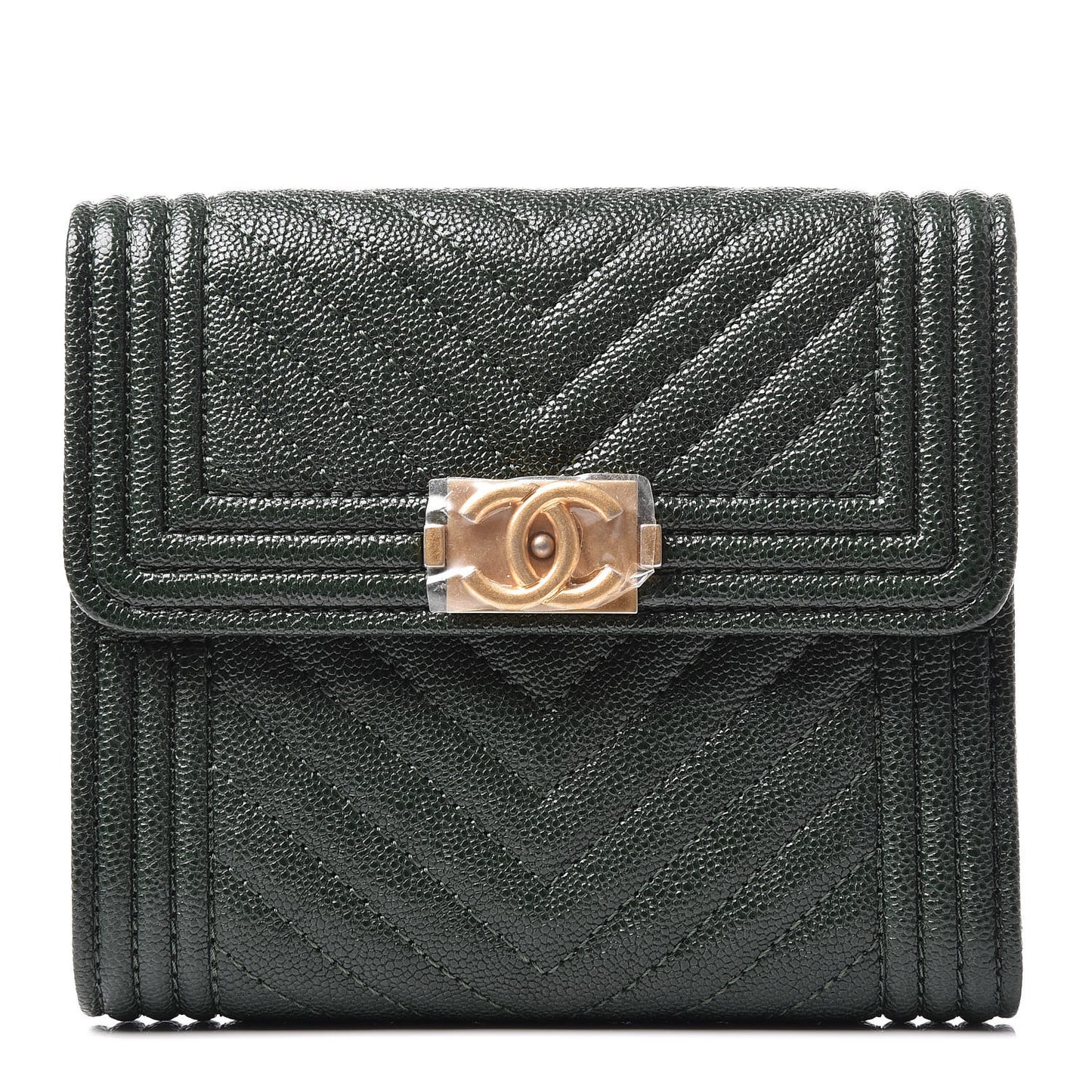 Caviar Chevron Quilted Boy Compact Wallet Dark Green
