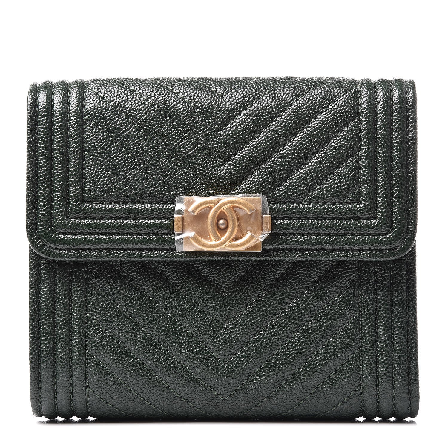 Chanel Caviar Chevron Quilted Boy Compact Wallet Dark Green 1 of 12
