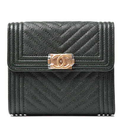 Chanel Caviar Chevron Quilted Boy Compact Wallet Dark Green 1 of 12