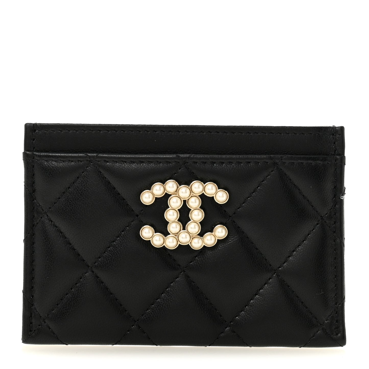 Lambskin Quilted Pearl CC Chanel Card Holder Black
