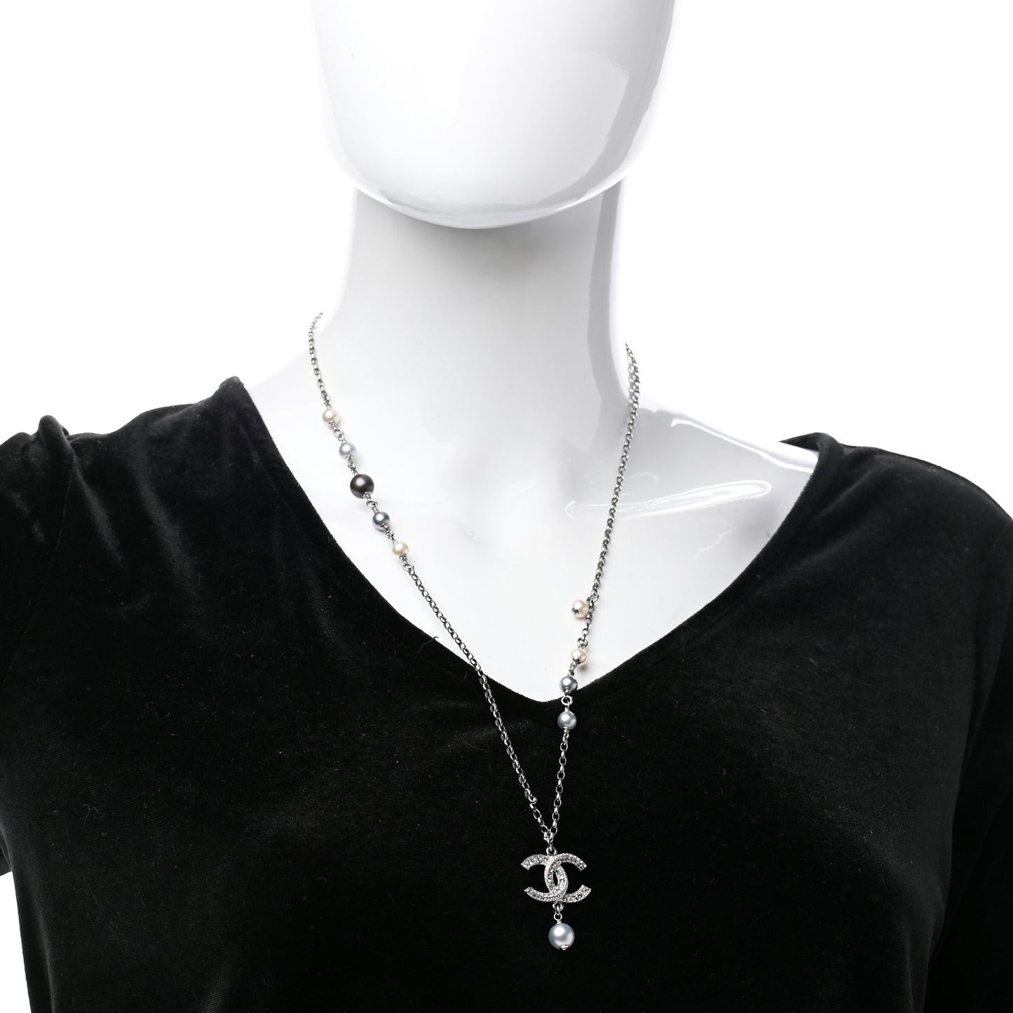 Crystal Pearl Twisted CC Drop Necklace Silver