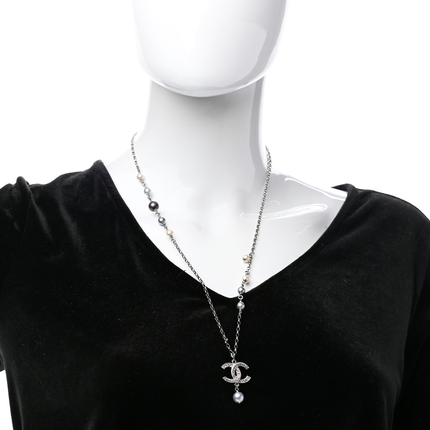 Chanel Crystal Pearl Twisted CC Drop Necklace Silver 2 of 5