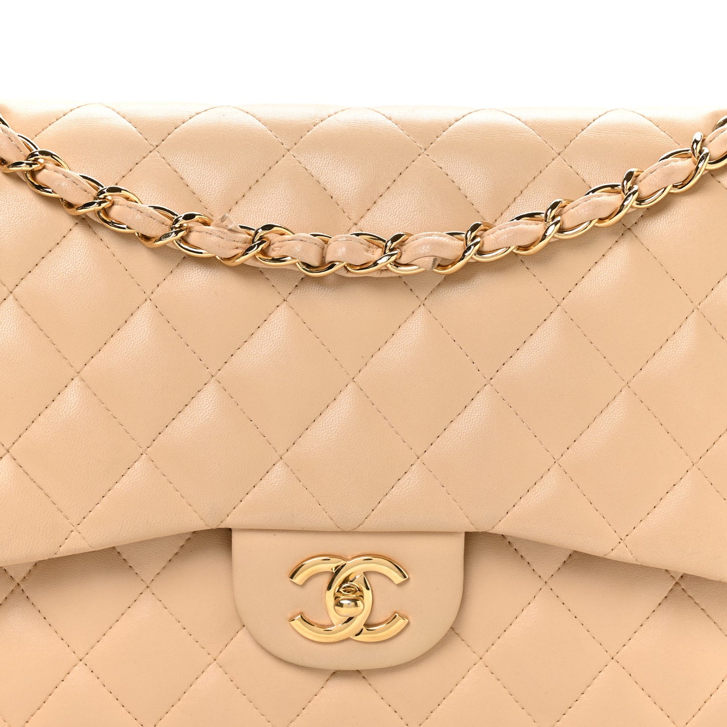 Lambskin Quilted Jumbo Double Flap Beige
