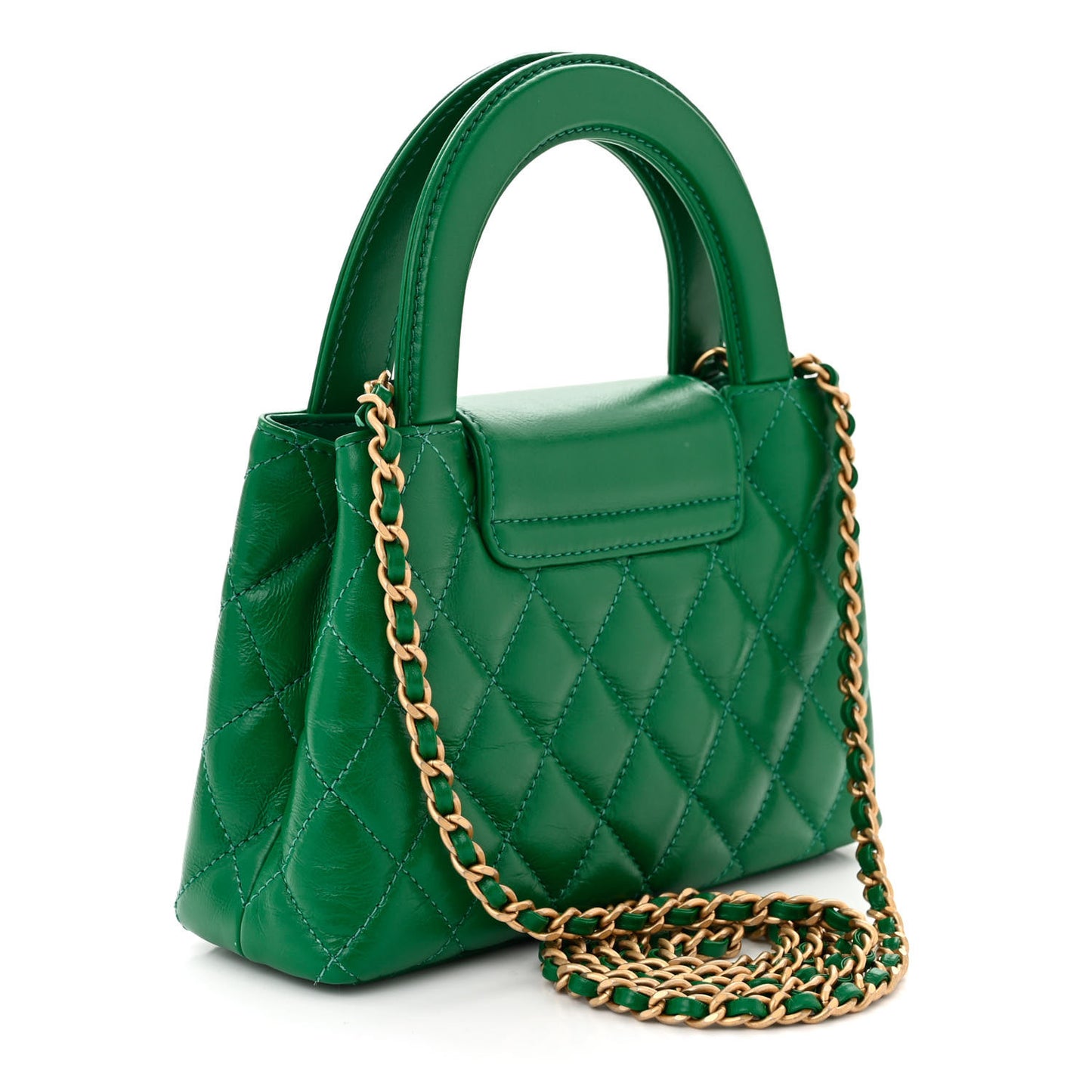 Shiny Aged Calfskin Quilted Nano Kelly Shopper Green