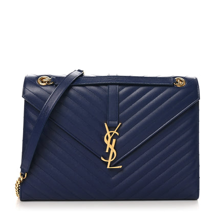 Saint Laurent Grain De Poudre Matelasse Chevron Large Monogram Satchel Navy Blue 1 of 10