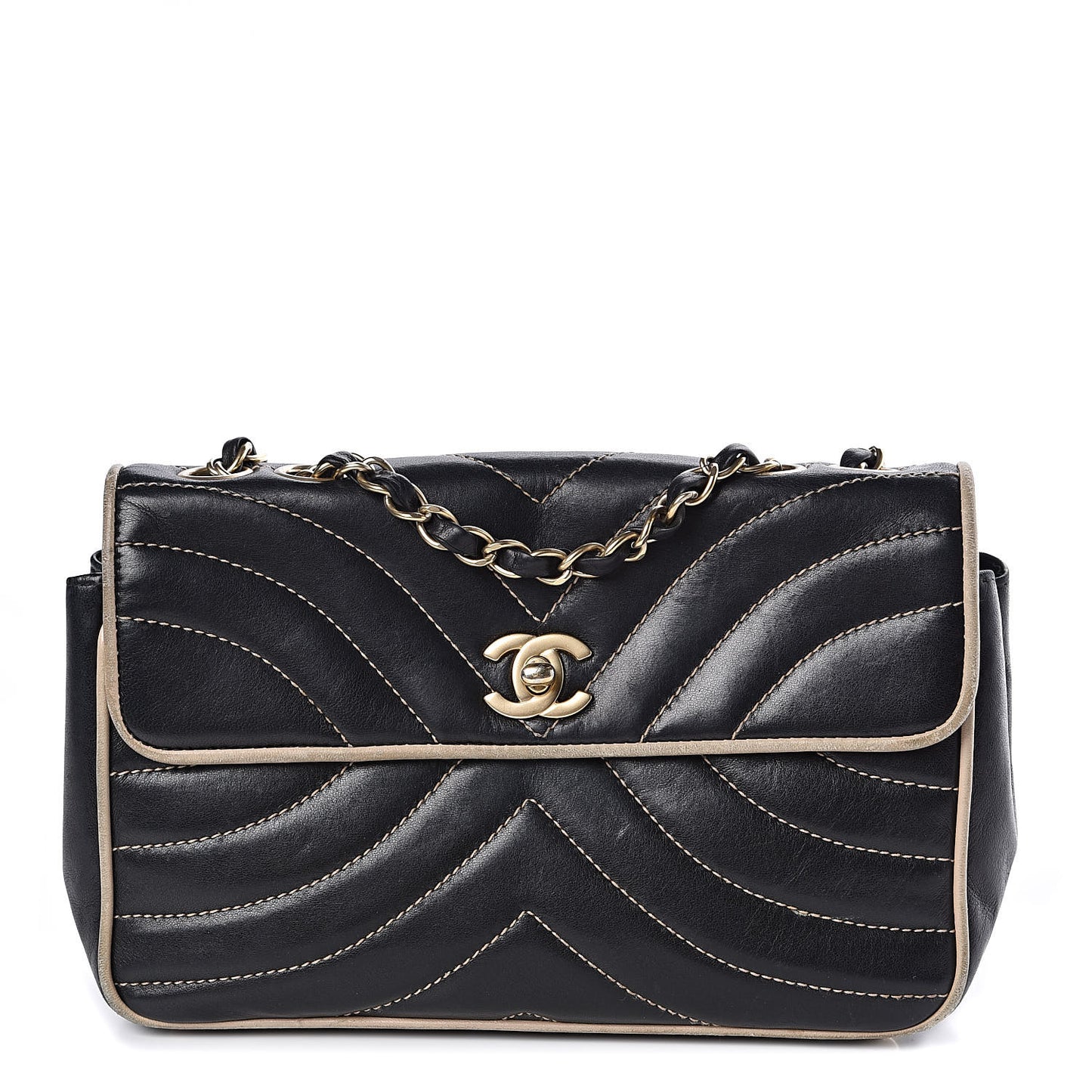 Lambskin Chevron Small Single Flap Bag Black Beige