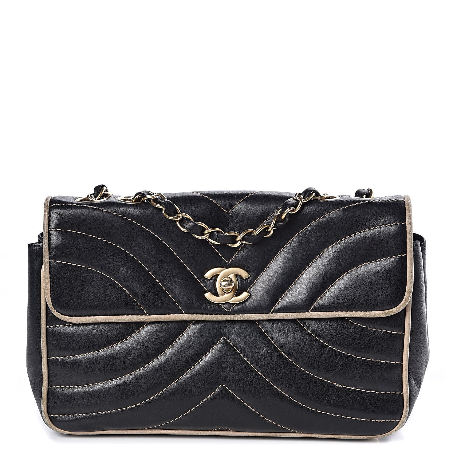 Chanel Lambskin Chevron Small Single Flap Bag Black Beige 1 of 16