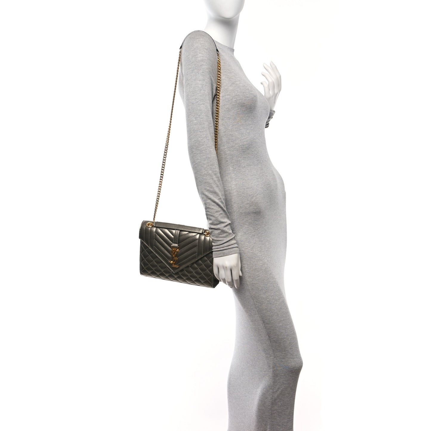 Metallic Grain De Poudre Textured Mixed Matelasse Triquilt Medium Monogram Satchel Piombo