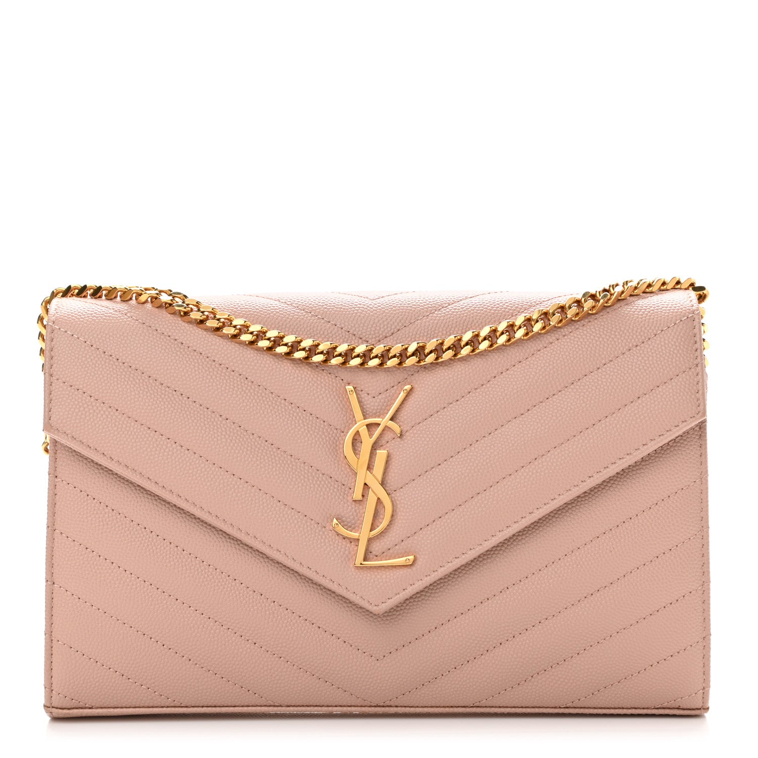 Saint Laurent Grain De Poudre Matelasse Chevron Monogram Chain Wallet Pale Blush 1 of 13