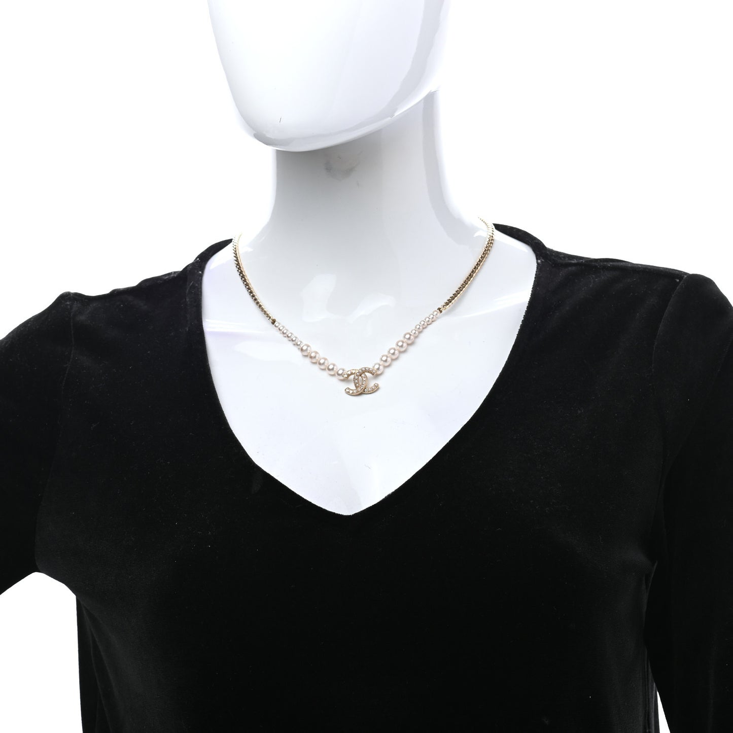 Pearl Crystal Chain CC Necklace Gold