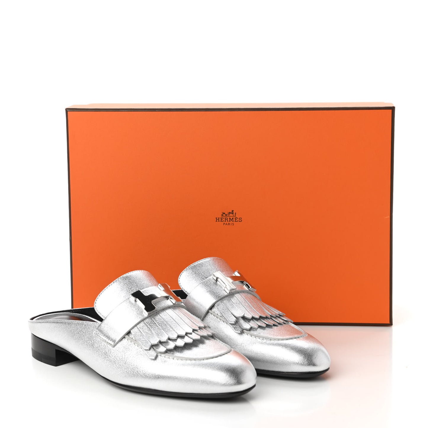 Metallic Goatskin Rivoli Mules 36 Gris Argente