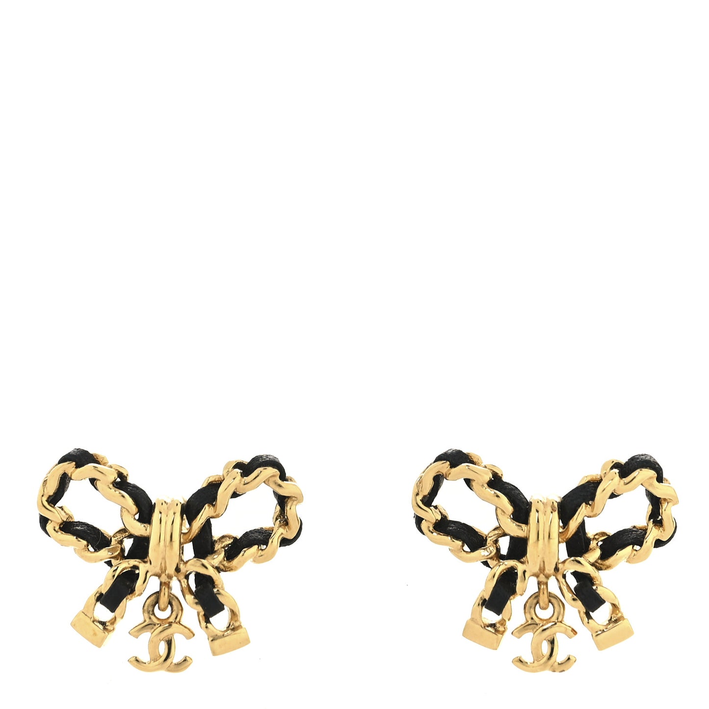 Lambskin Chain Bow Stud Earrings Black Gold