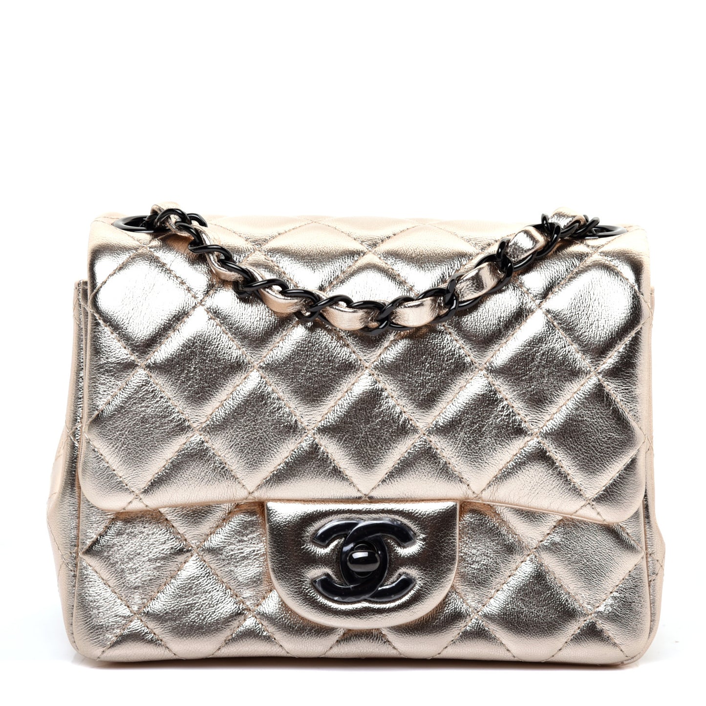 Metallic Lambskin Quilted Mini Square Flap Gold Black
