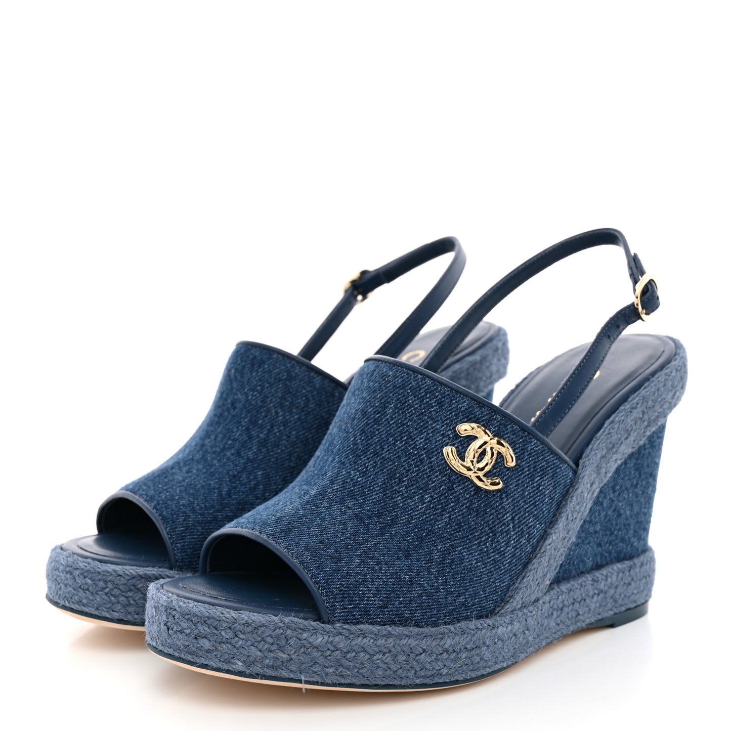 Washed Denim Braided Cord Wedge Sandals 38 Blue