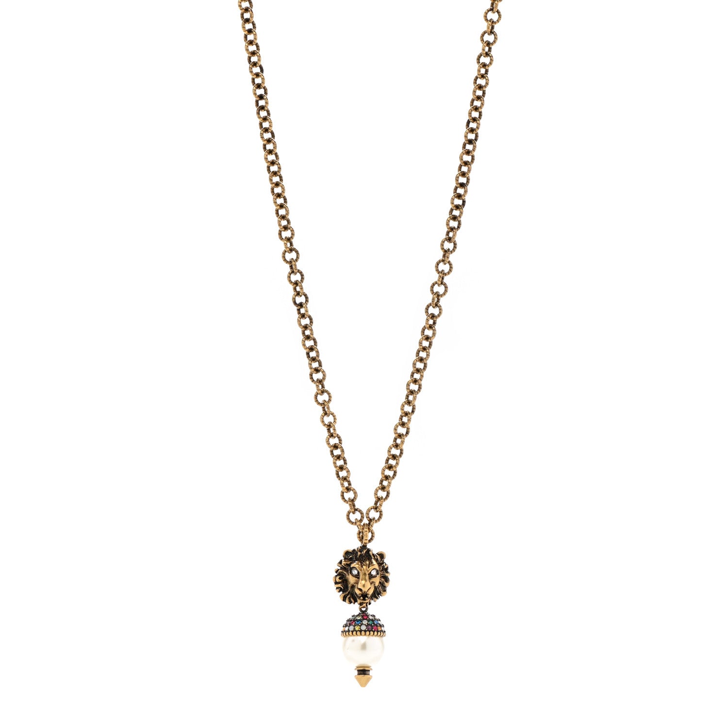 Gucci Metal Crystal Pearl Lion Head Necklace Aged Gold 1 of 7