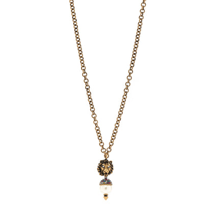 Gucci Metal Crystal Pearl Lion Head Necklace Aged Gold 1 of 7