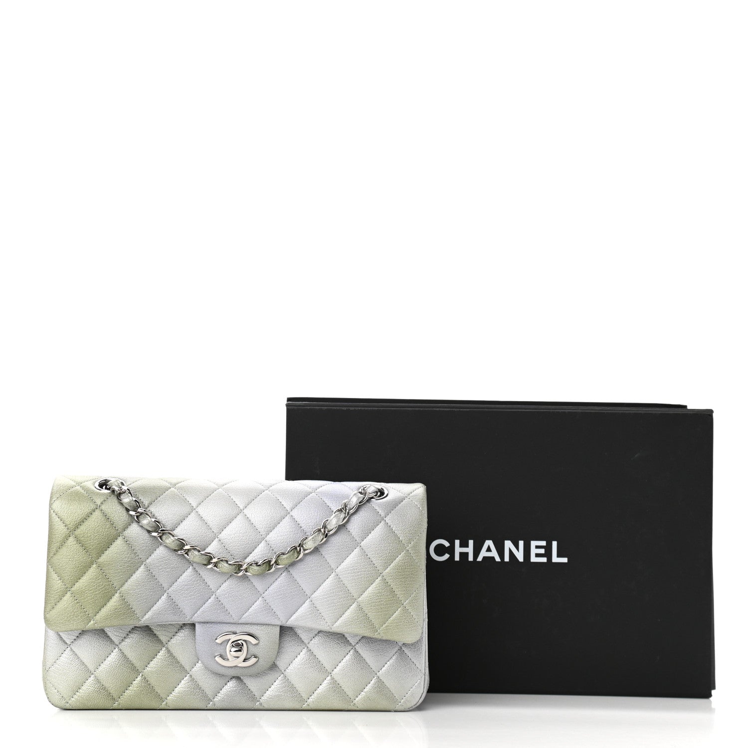Chanel Metallic Goatskin Quilted Ombre Medium Double Flap Grey Green 11 of 11